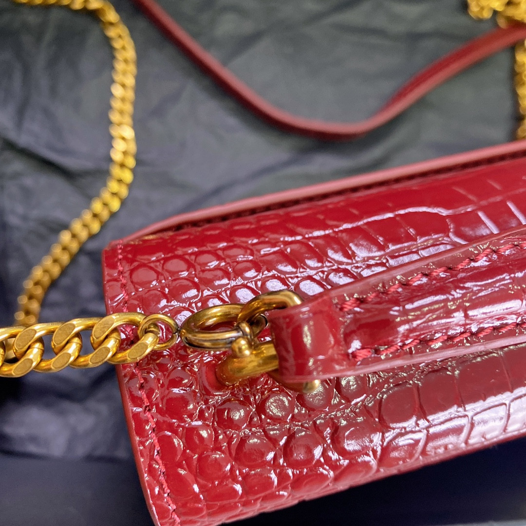 Y*L SUNSET CHAIN WALLET IN CROCODILE-EMBOSSED SHINY LEATHER RED 7.4 X 5.5 X 2.1 INCHES