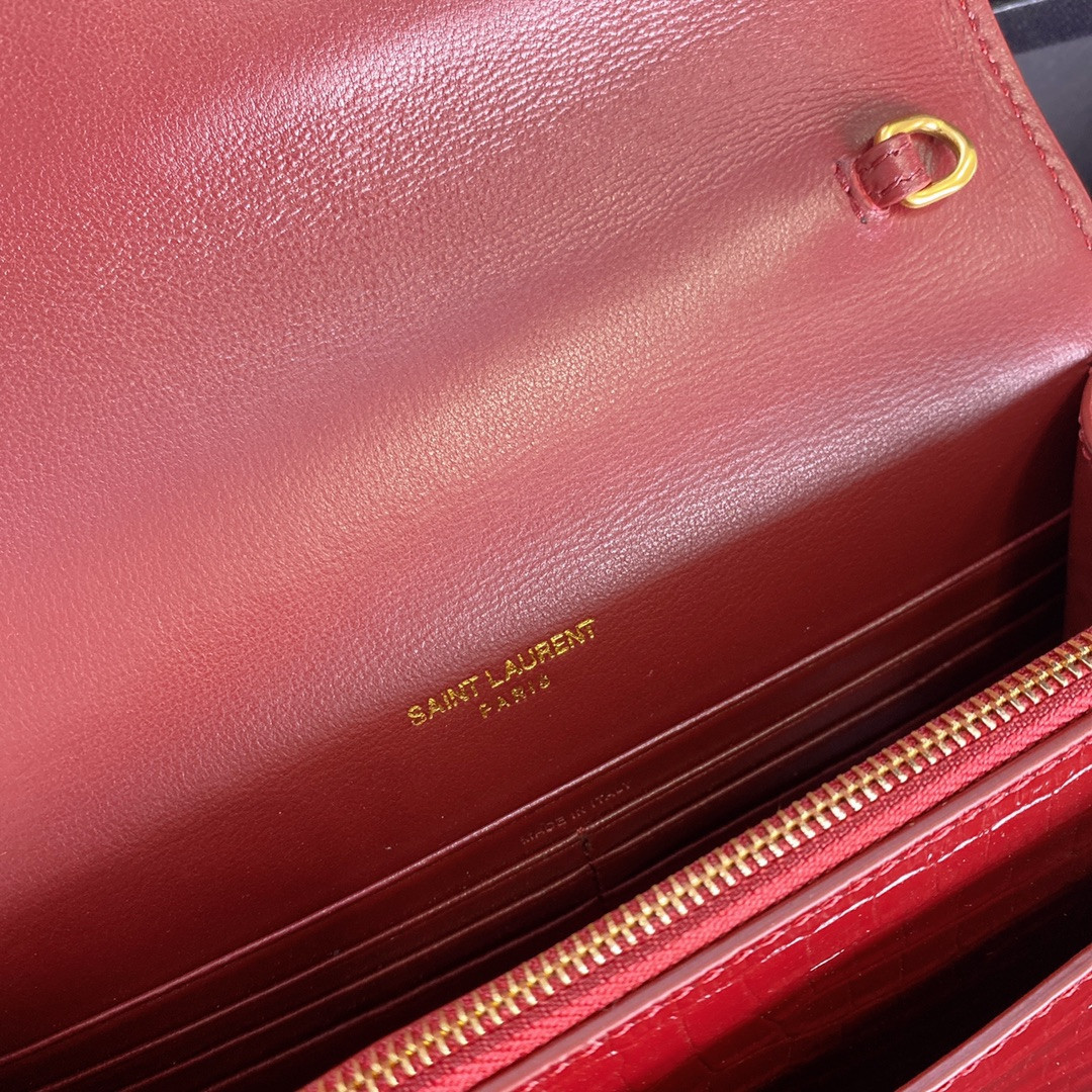 Y*L SUNSET CHAIN WALLET IN CROCODILE-EMBOSSED SHINY LEATHER RED 7.4 X 5.5 X 2.1 INCHES