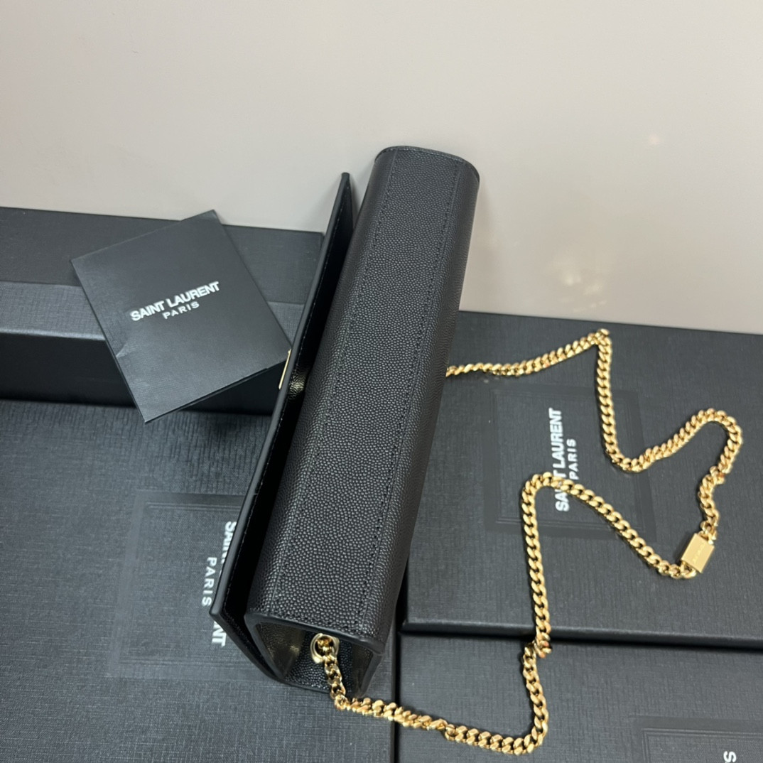 Y*L KATE MEDIUM IN GRAIN DE POUDRE EMBOSSED LEATHER BLACK GOLD 9.4 X 5.7 X 2.1 INCHES