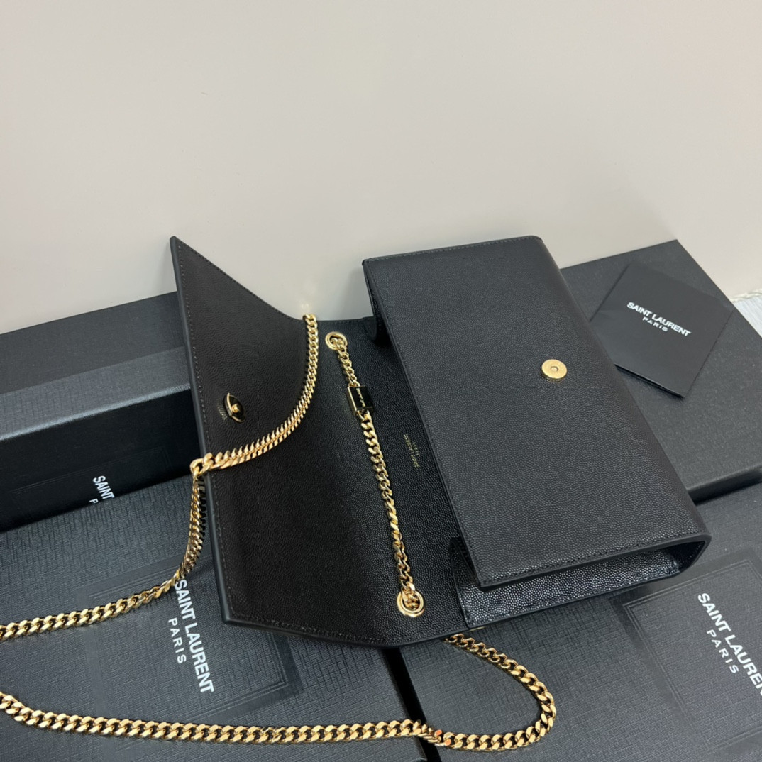 Y*L KATE MEDIUM IN GRAIN DE POUDRE EMBOSSED LEATHER BLACK GOLD 9.4 X 5.7 X 2.1 INCHES