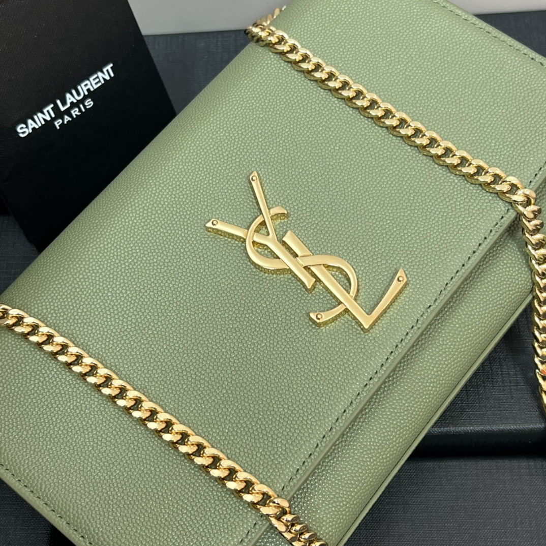 Y*L KATE MEDIUM IN GRAIN DE POUDRE EMBOSSED LEATHER GREEN 9.4 X 5.7 X 2.1 INCHES