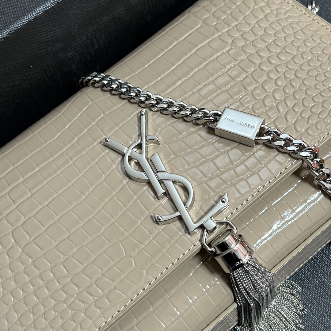 Y*L KATE MEDIUM TASSEL IN CROCODILE-EMBOSSED LEATHER BEIGE 9.4 X 5.7 X 2.1 INCHES