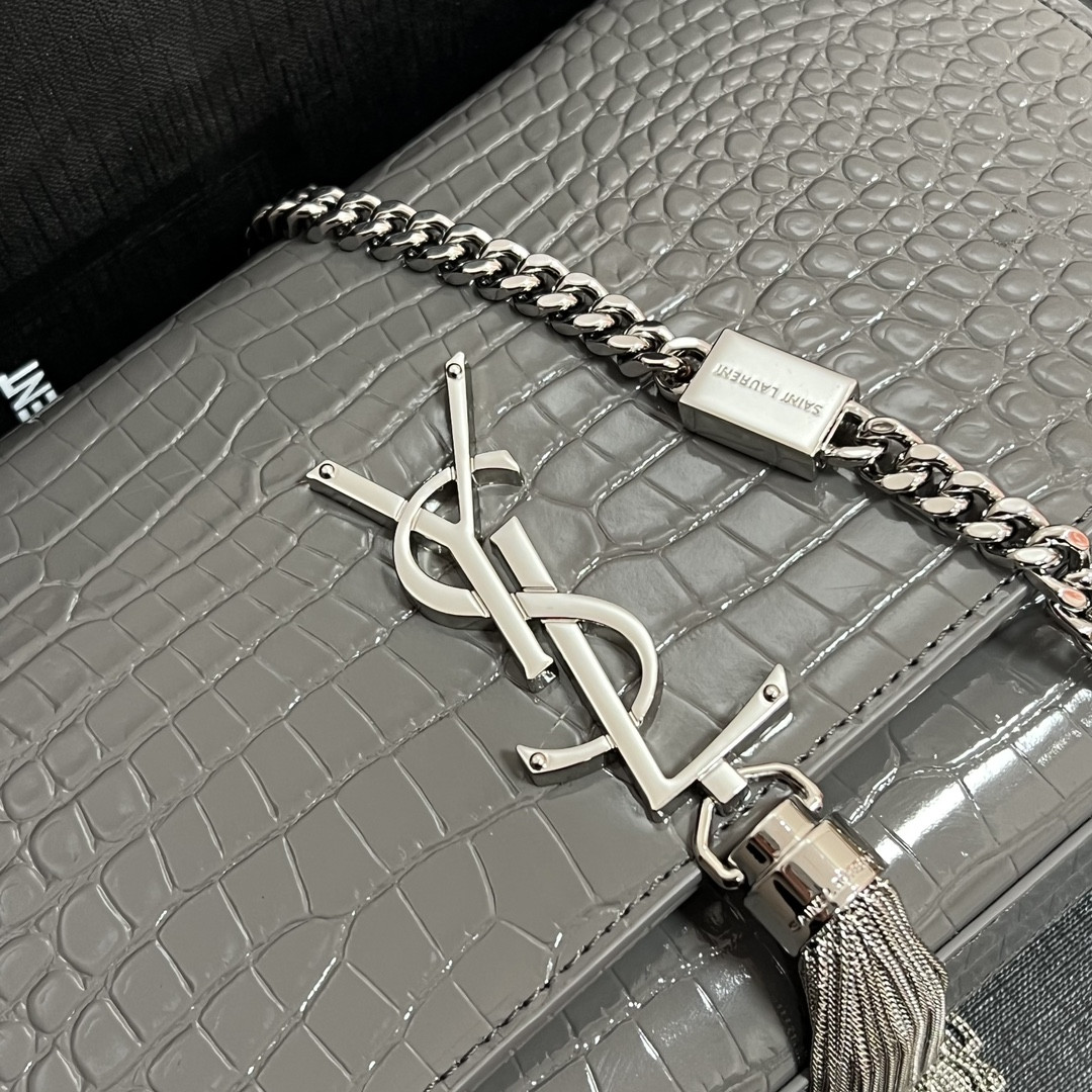 Y*L KATE MEDIUM TASSEL IN CROCODILE-EMBOSSED LEATHER GRAY 9.4 X 5.7 X 2.1 INCHES