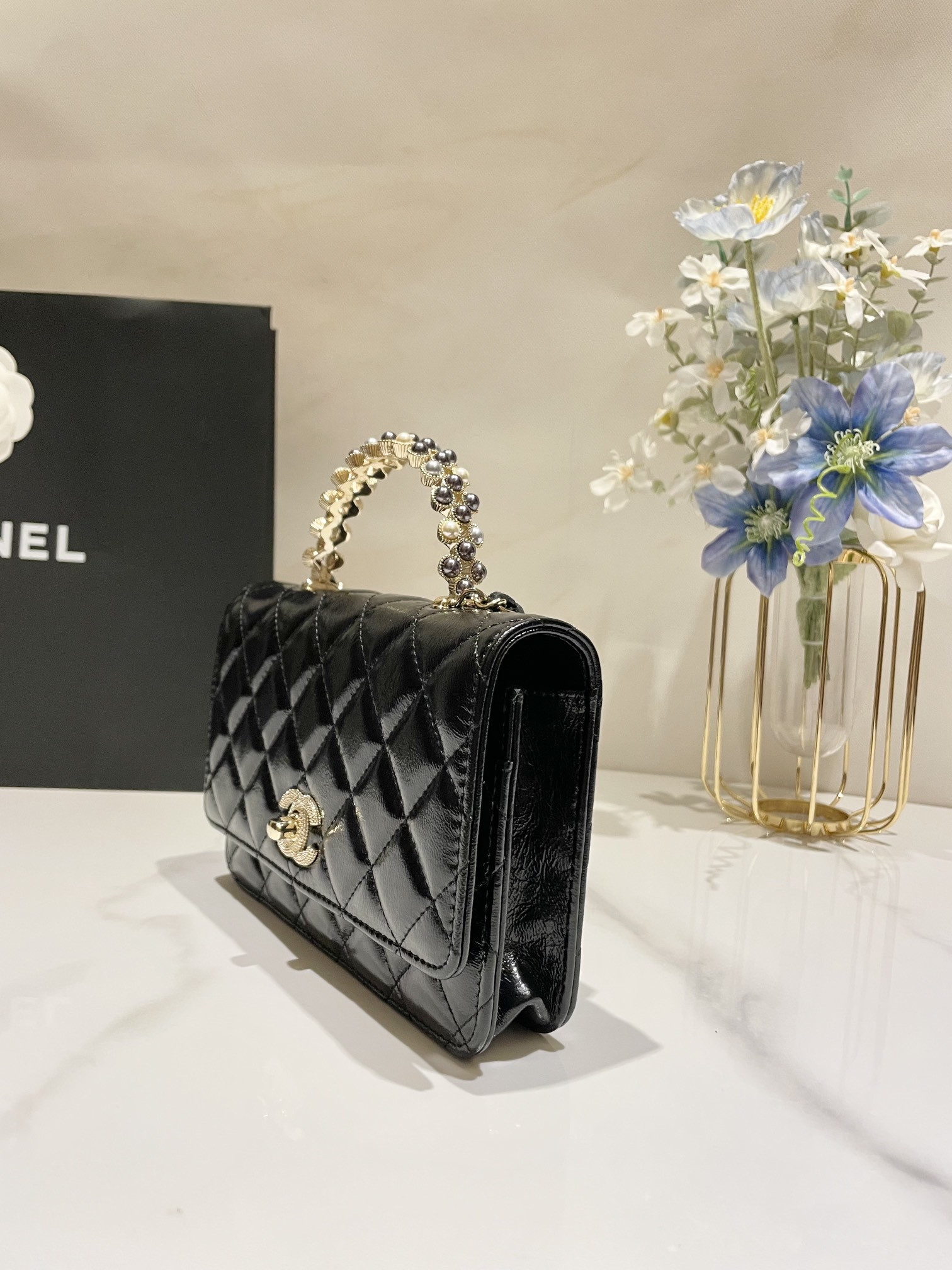 Ch*el CLASSIC WALLET ON CHAIN Rhinestone Handle BLACK 4.8 × 7.5 × 1.4