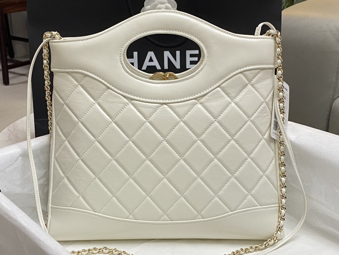 Ch*el SHOPPING BAG Shiny Lambskin & Gold-Tone Metal 11.7 × 11.3 × 3.5 in