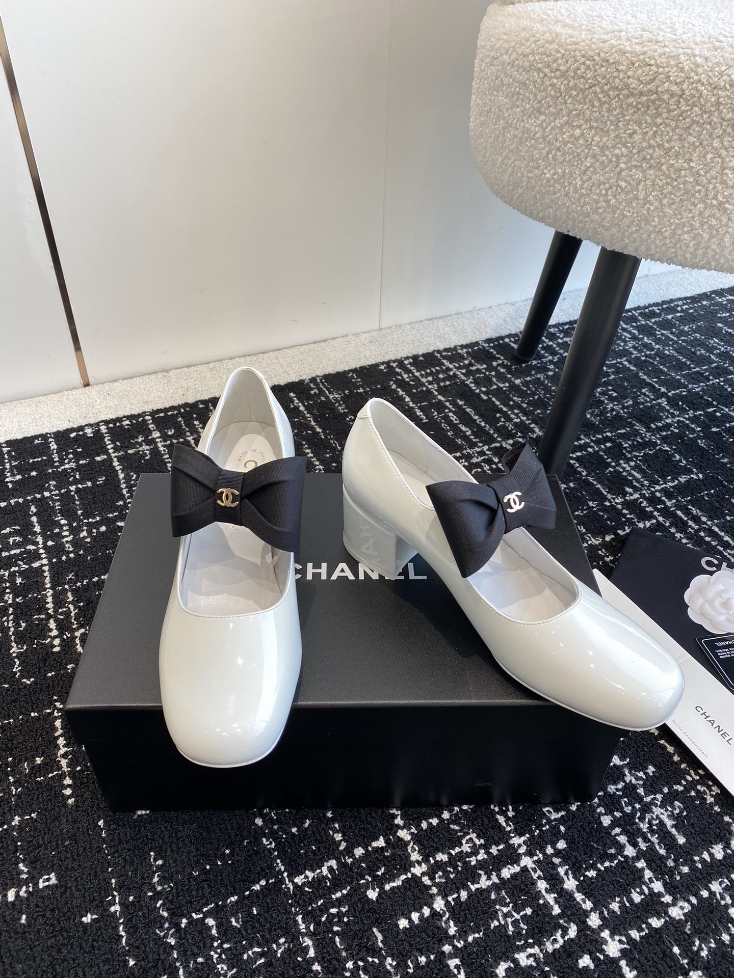 UA Ch*el MARY JANES Patent Calfskin & Grosgrain