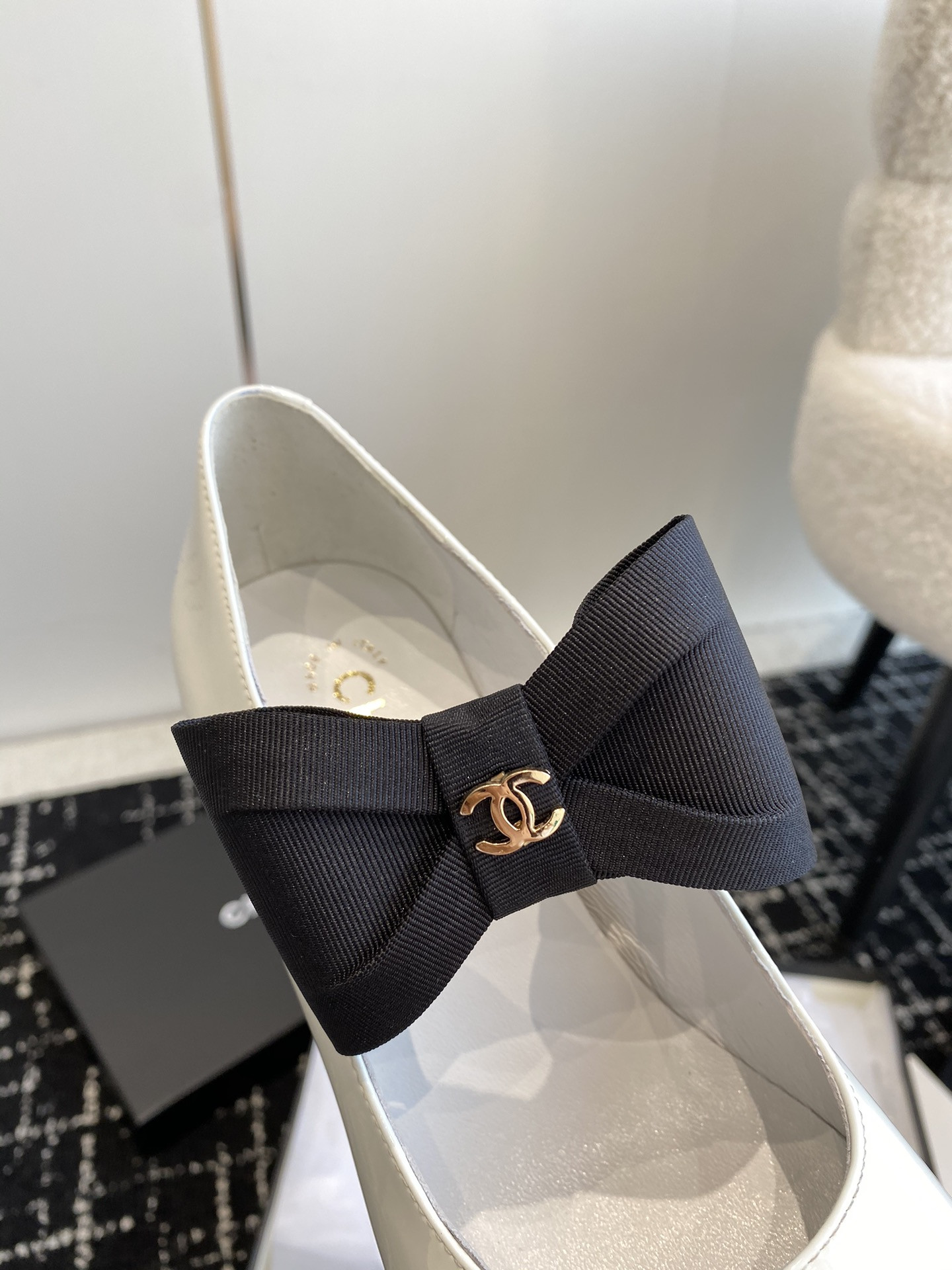 UA Ch*el MARY JANES Patent Calfskin & Grosgrain