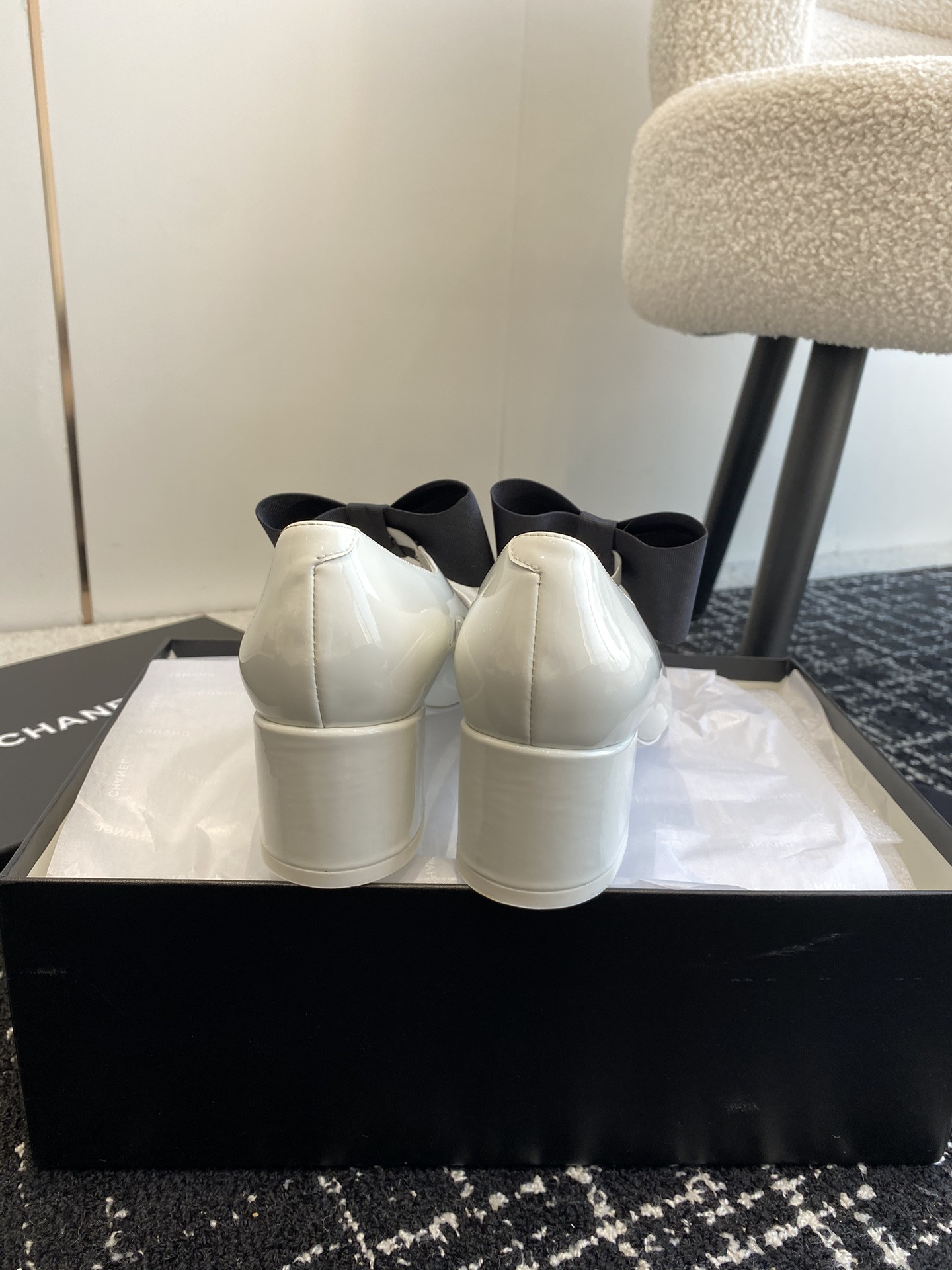 UA Ch*el MARY JANES Patent Calfskin & Grosgrain