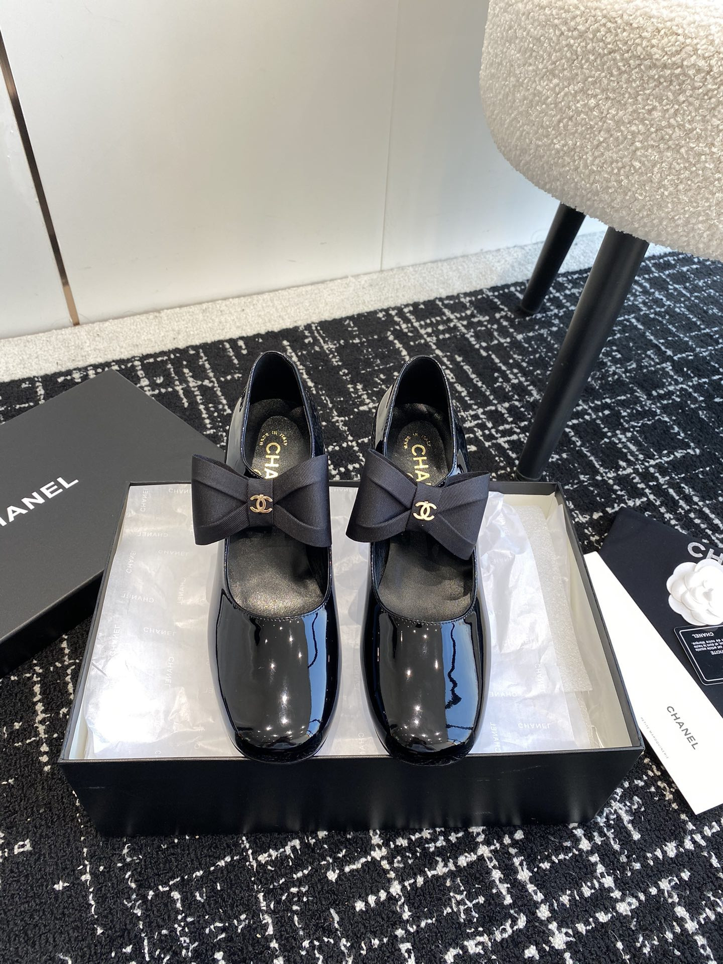 UA Ch*el MARY JANES Patent Calfskin & Grosgrain