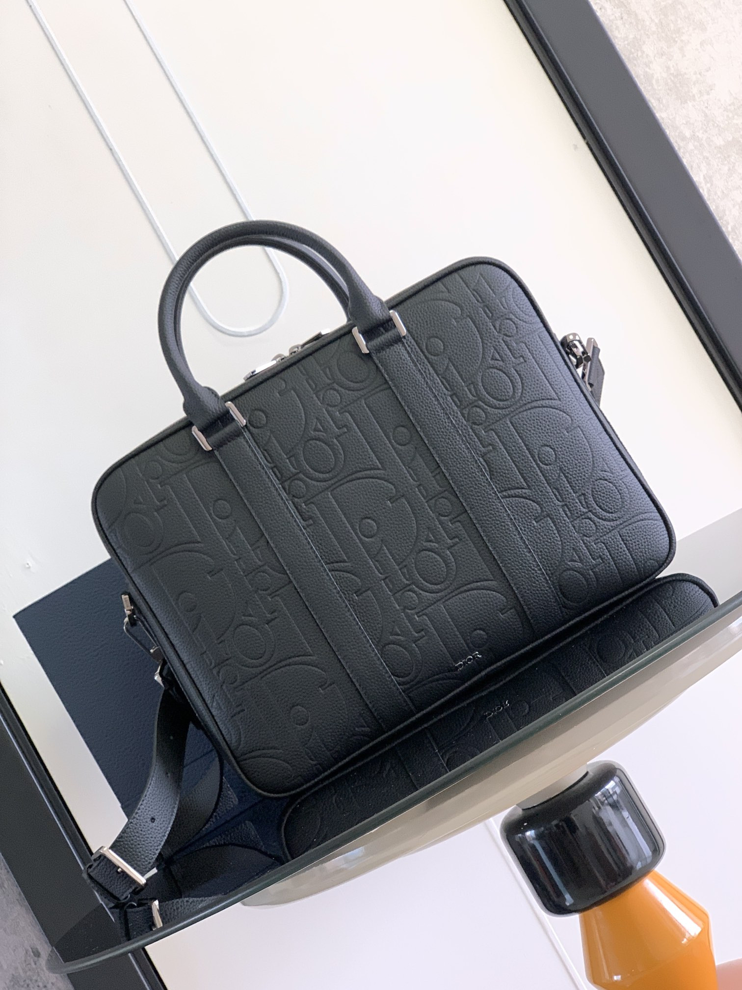 D*0r Zipped Briefcase  Black D*0r Gravity Leather and Black Grained Calfskin 37 x 28 x 6 cm