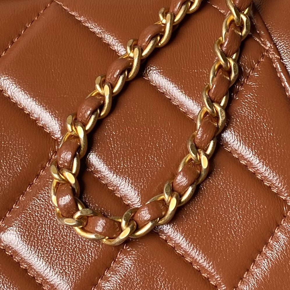 Ch*el MINI BAG WITH TOP HANDLE  Shiny Lambskin & Gold-Tone Metal Brown 12 × 18 × 7 cm