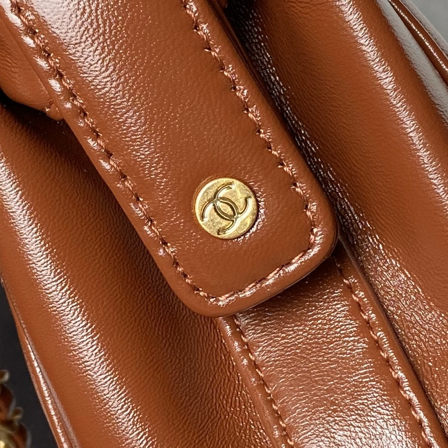 Ch*el MINI BAG WITH TOP HANDLE  Shiny Lambskin & Gold-Tone Metal Brown 12 × 18 × 7 cm