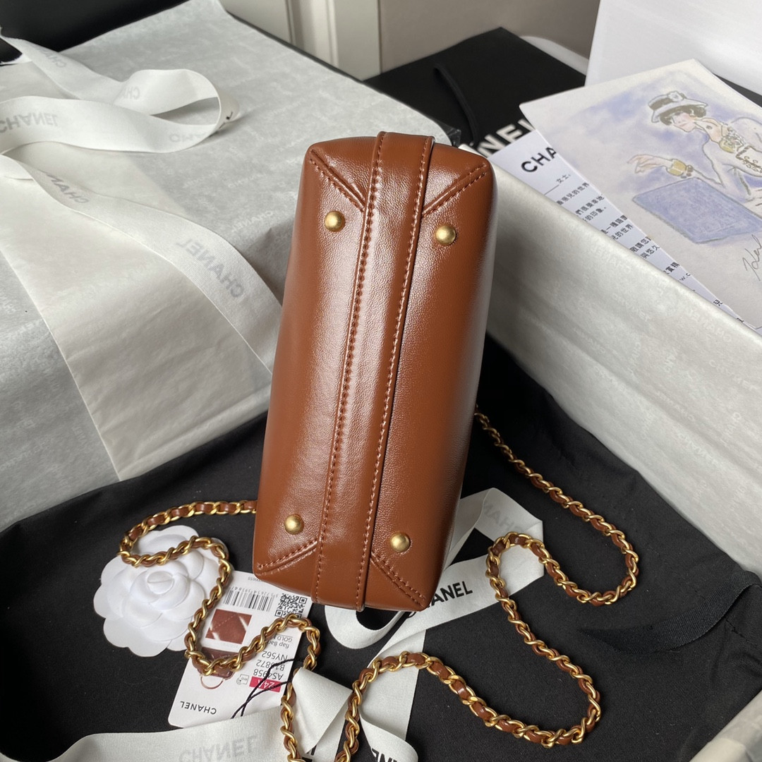 Ch*el MINI BAG WITH TOP HANDLE  Shiny Lambskin & Gold-Tone Metal Brown 12 × 18 × 7 cm