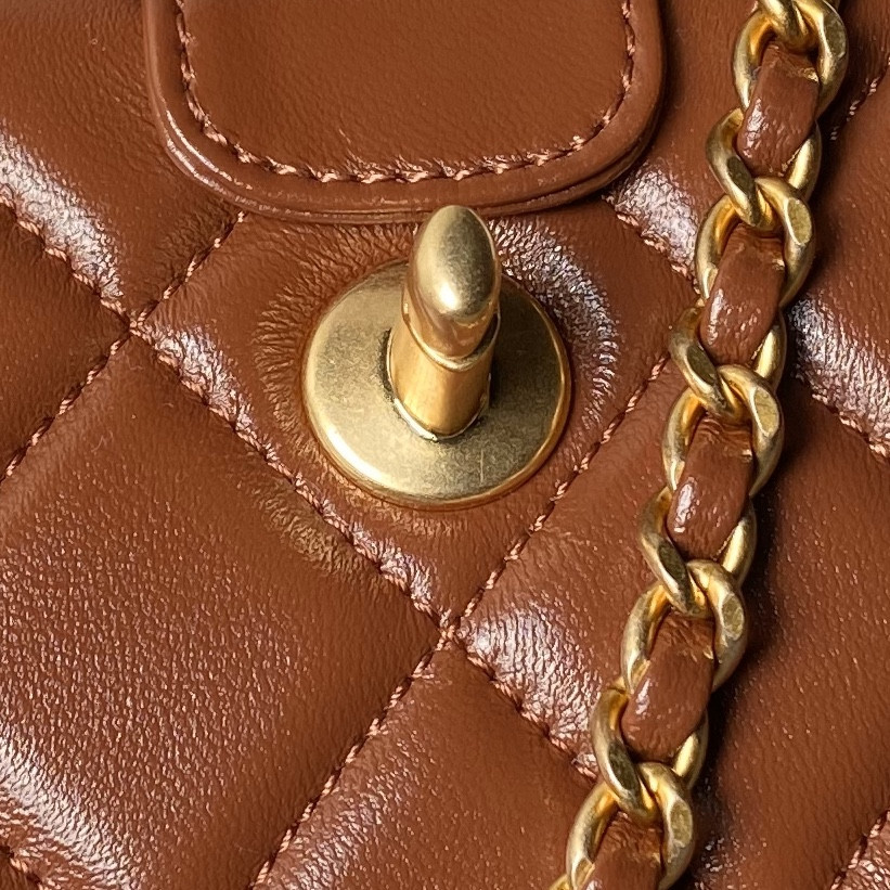 Ch*el MINI BAG WITH TOP HANDLE  Shiny Lambskin & Gold-Tone Metal Brown 12 × 18 × 7 cm