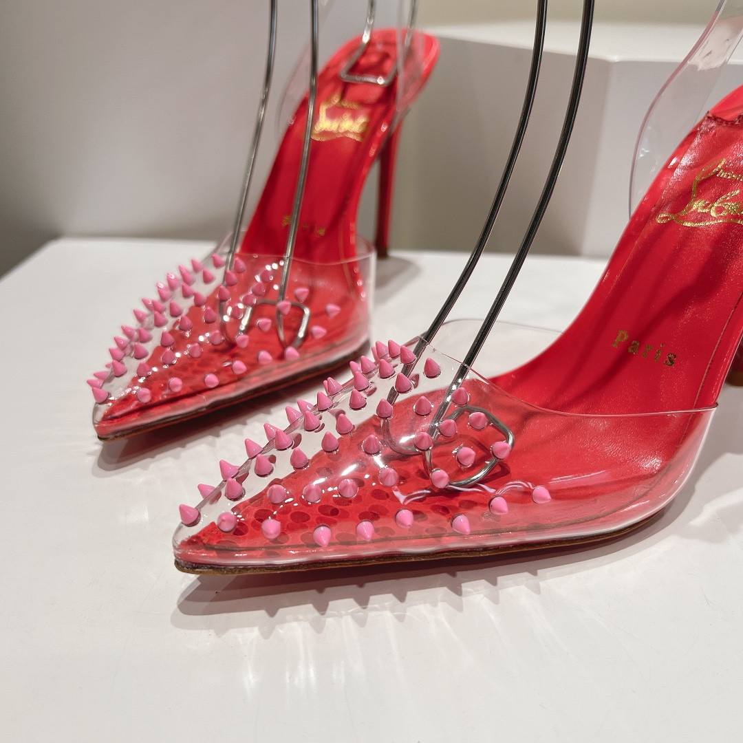 UA Ch**an Louboutin CL pointed toe high-heeled transparent studded sandals
