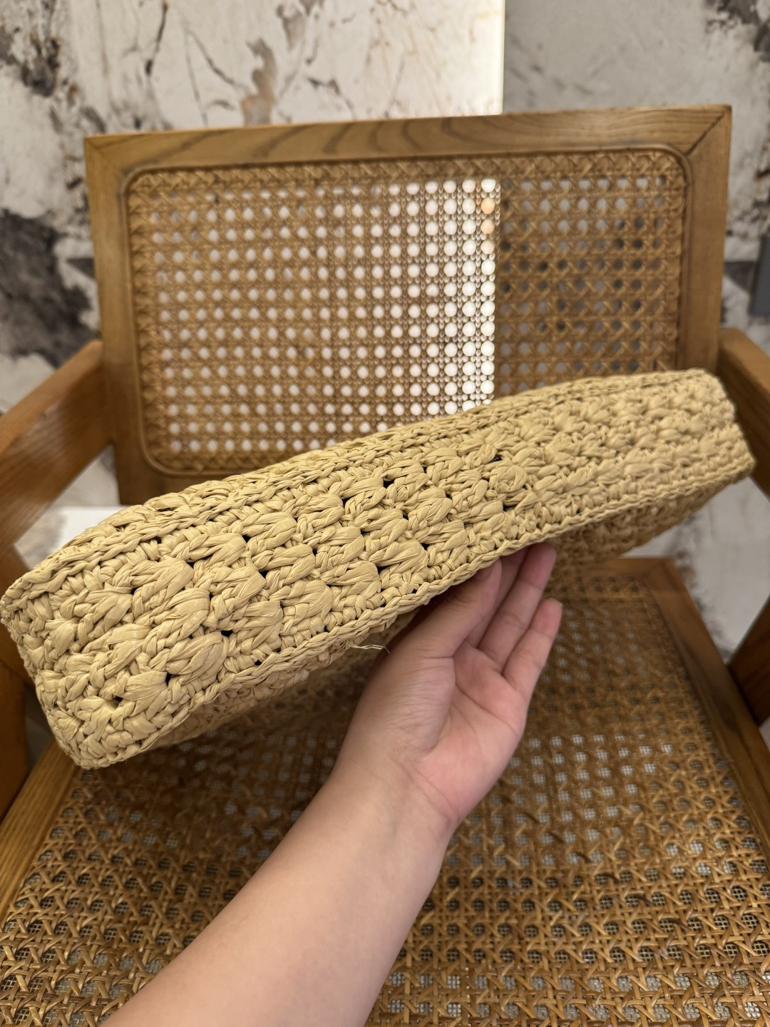 Ce**e CABAS TRIANGLE IN RAFFIA AND CALFSKIN 45 x 23 x 6cm