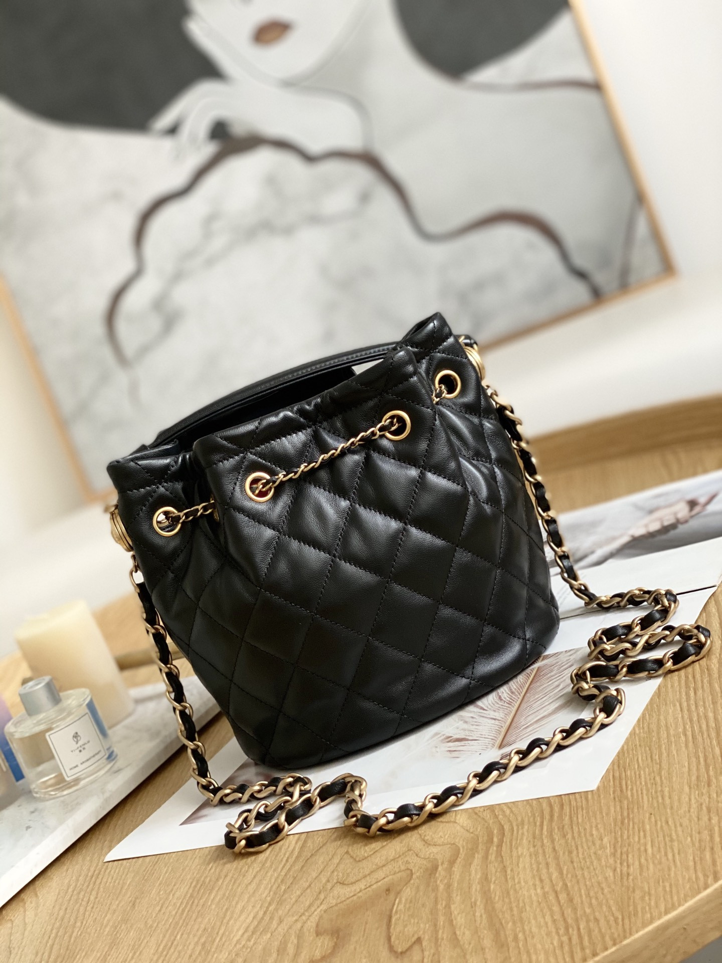 Ch*el Drawstring Button Bucket Bag 21x24x14cm