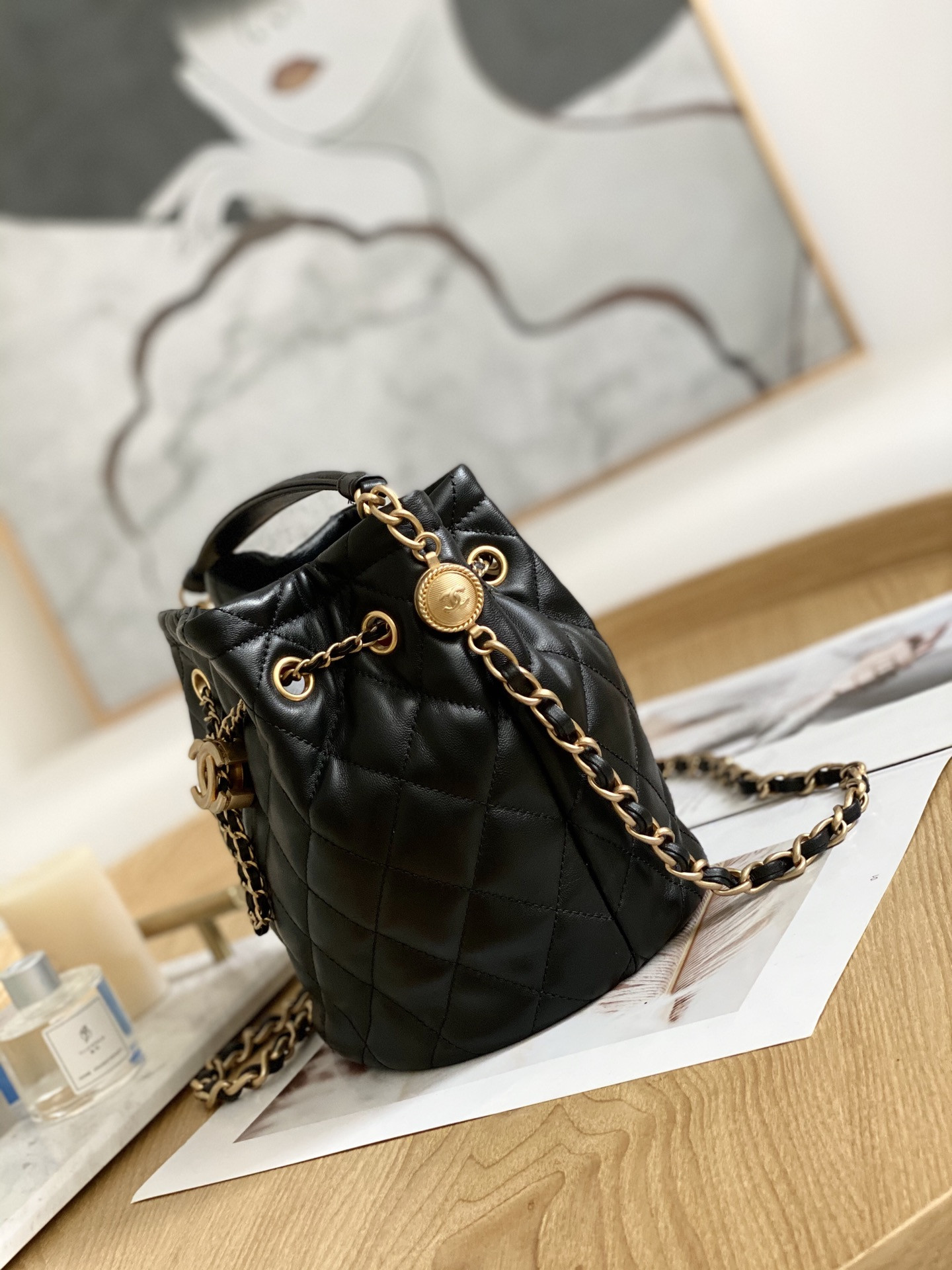 Ch*el Drawstring Button Bucket Bag 21x24x14cm